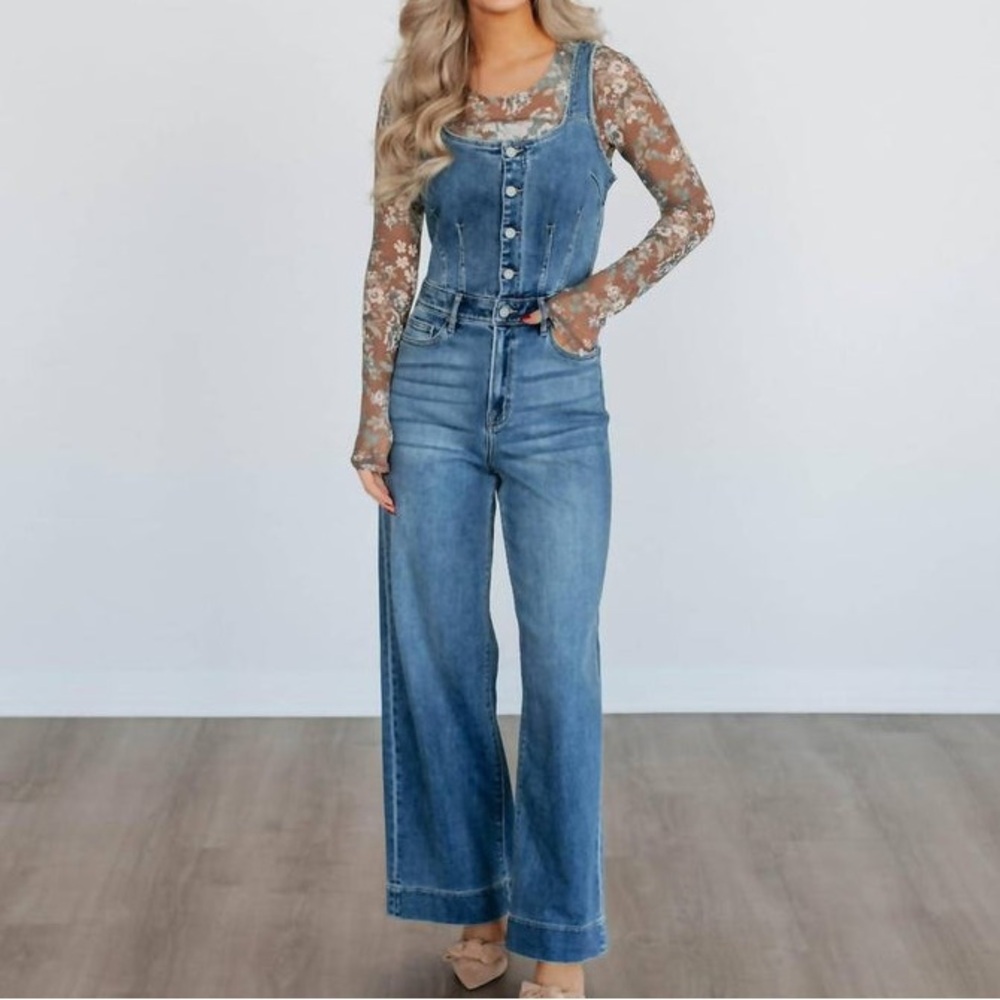 High-Rise Wide Leg Denim Jumpsuit - Blue - Picture 2 of 6